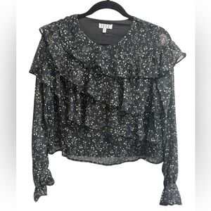 TCEC Women’s Black and Ivory Floral Ruffle Long Sleeve Blouse – Size Small